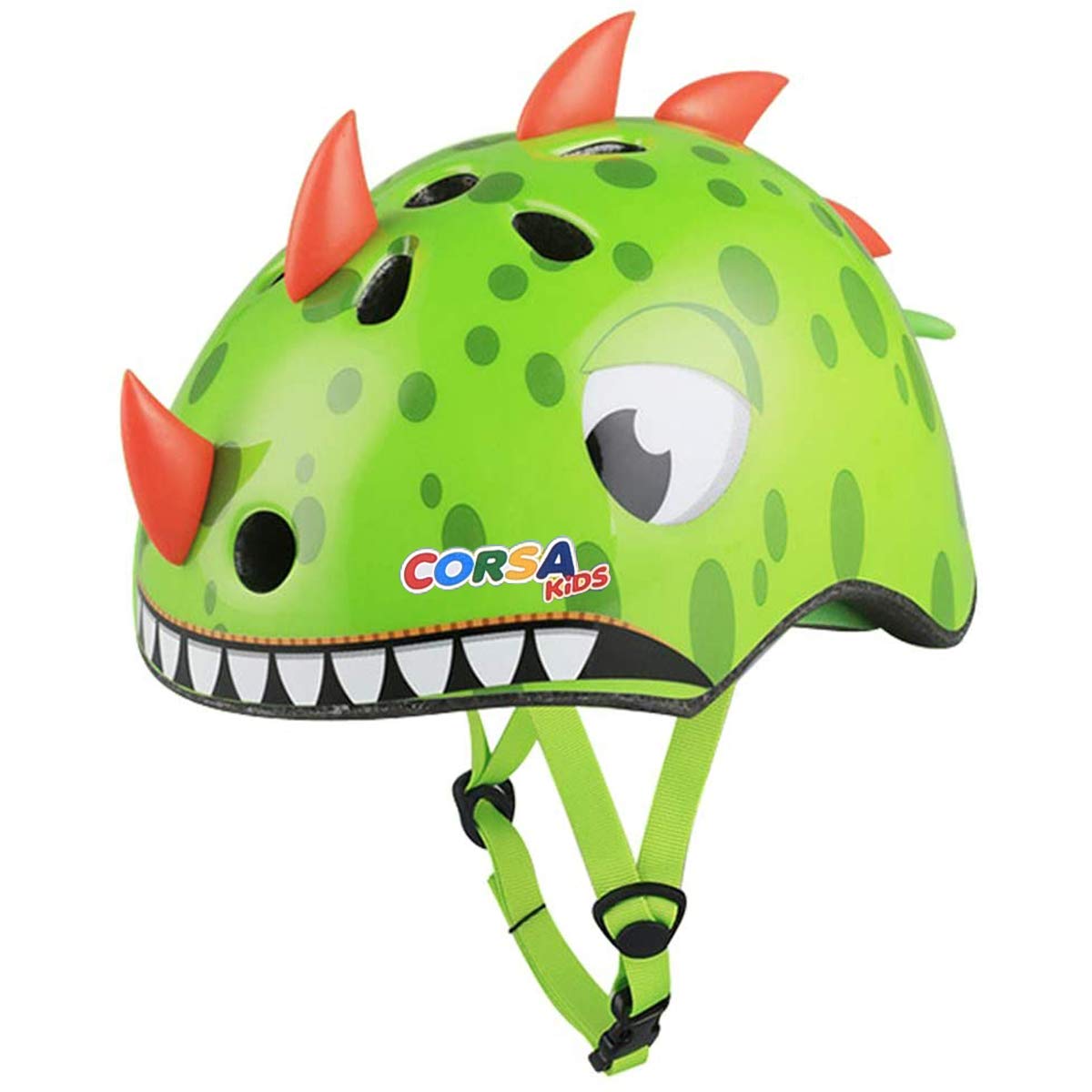 Hisyll helmet front view showing dinosaur graphic and safe design benefit