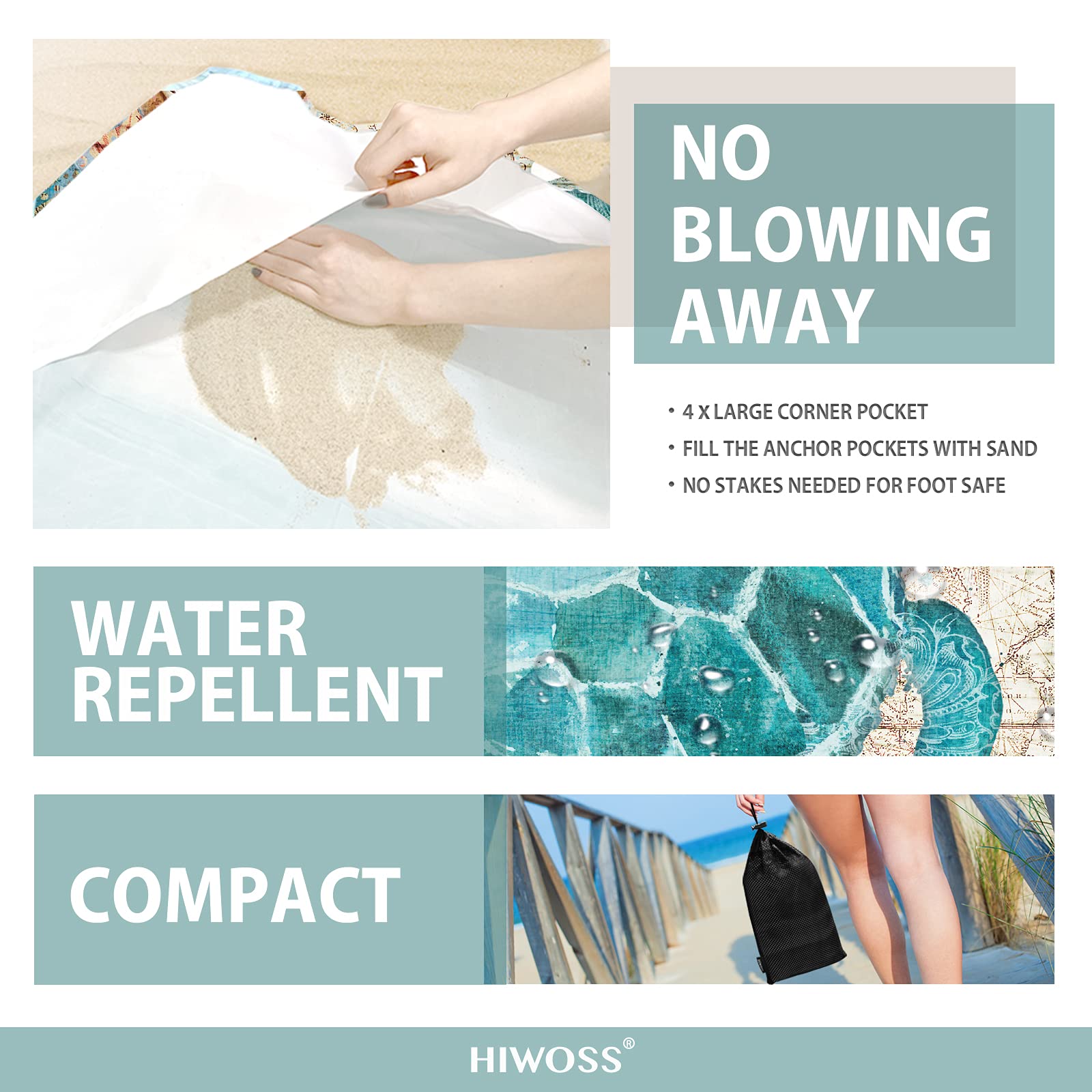 Hiwoss blanket folded into mesh carry bag showing portability benefit