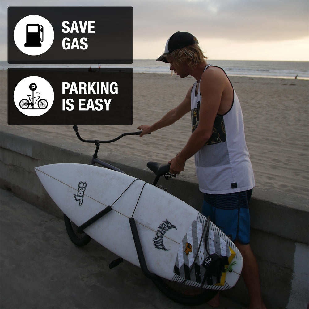 Ho Stevie! rack with surfboard in side profile showing balanced transport and ride stability benefit