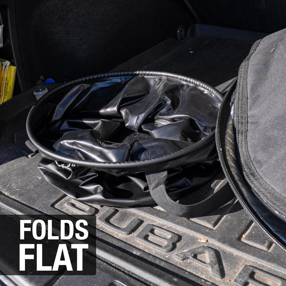 Ho Stevie! bucket folded flat illustrating compact storage saving space
