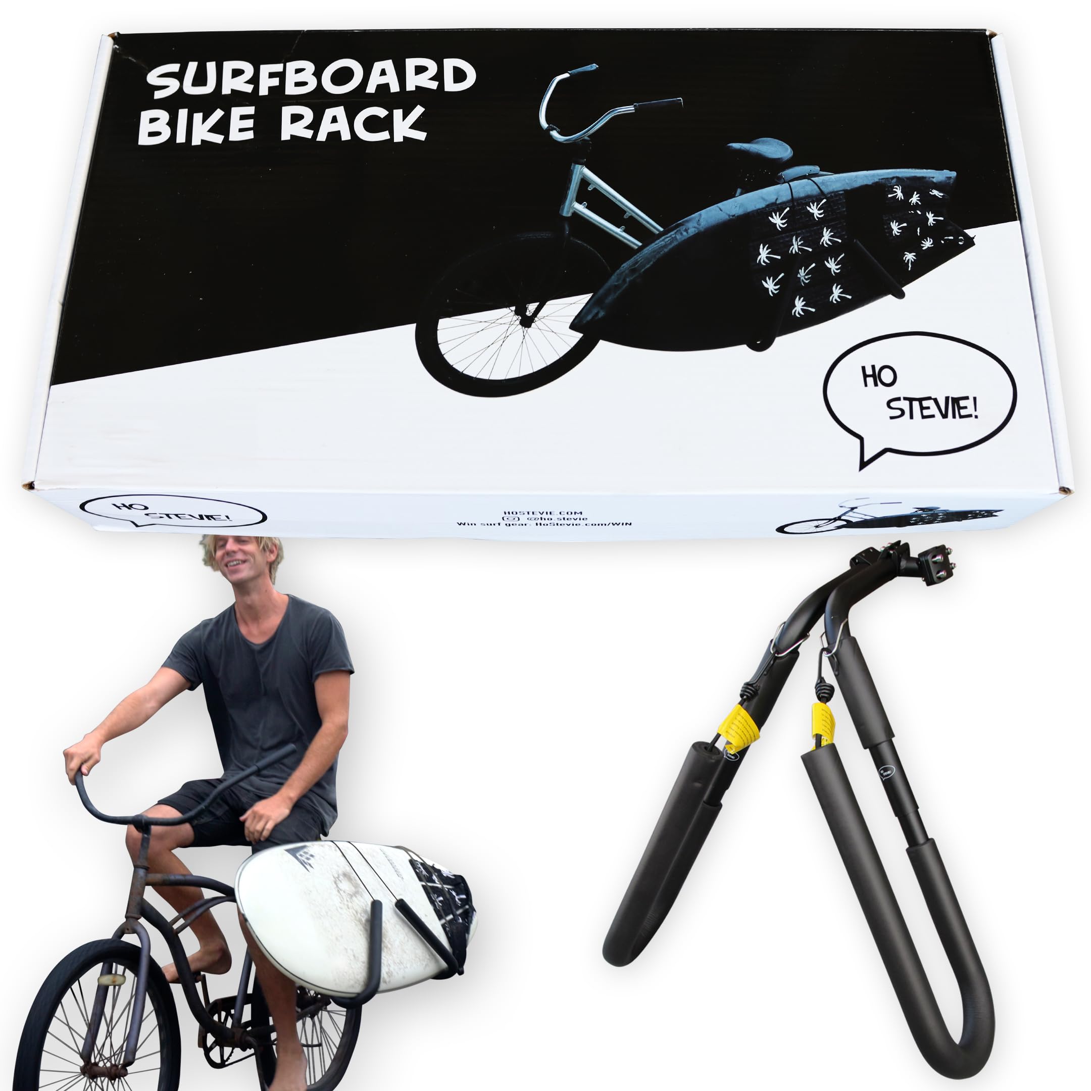 Ho Stevie! surfboard rack mounted on bike showing secure front view and easy transport benefit