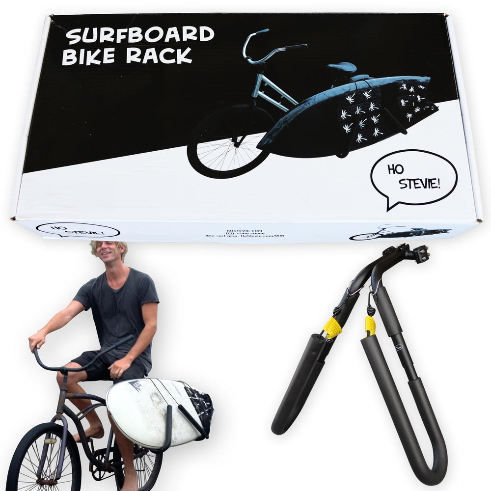 Ho Stevie! surfboard rack mounted on bike showing secure front view and easy transport benefit