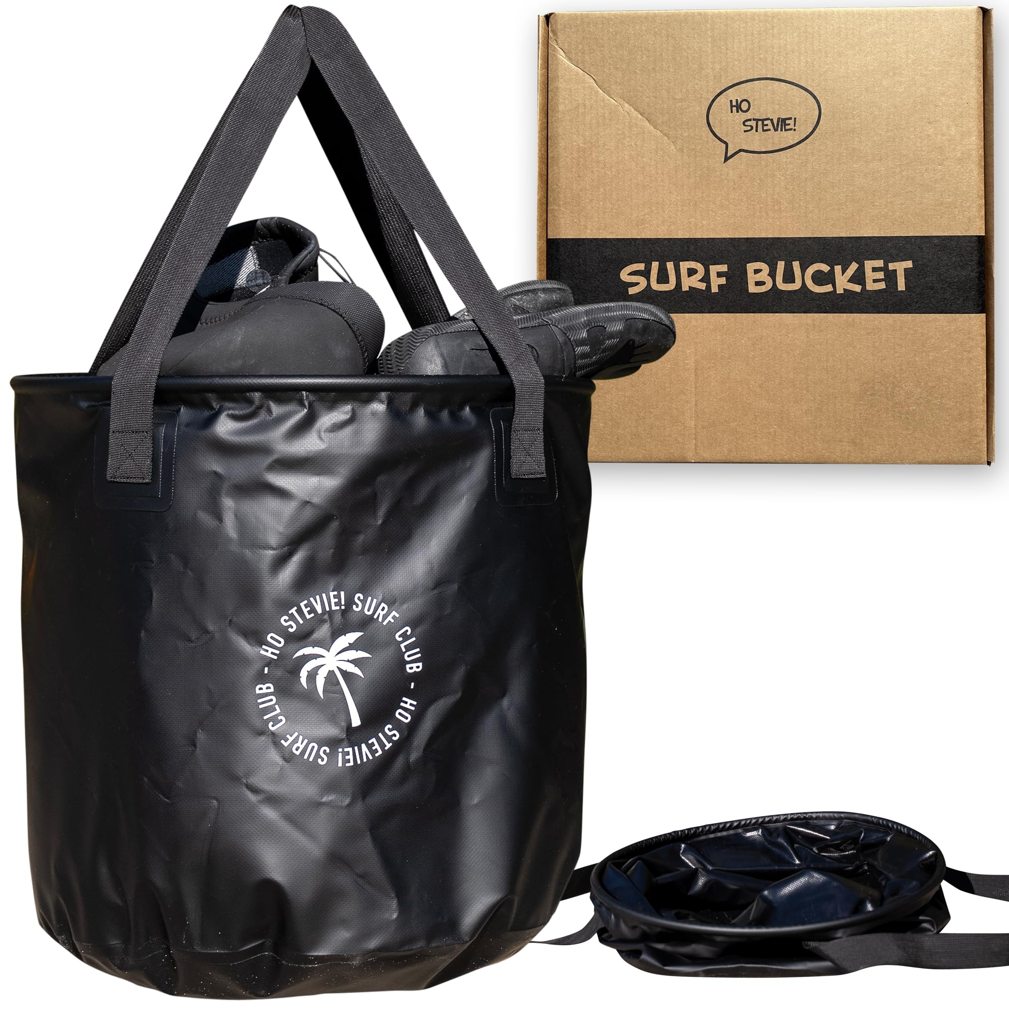Ho Stevie! front view showing waterproof bucket and eco cardboard packaging benefit