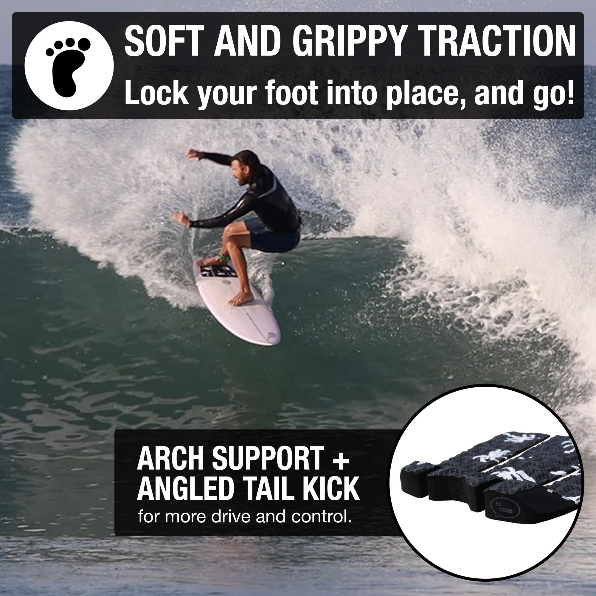 Ho Stevie! pad installed on surfboard tail demonstrating secure foot placement