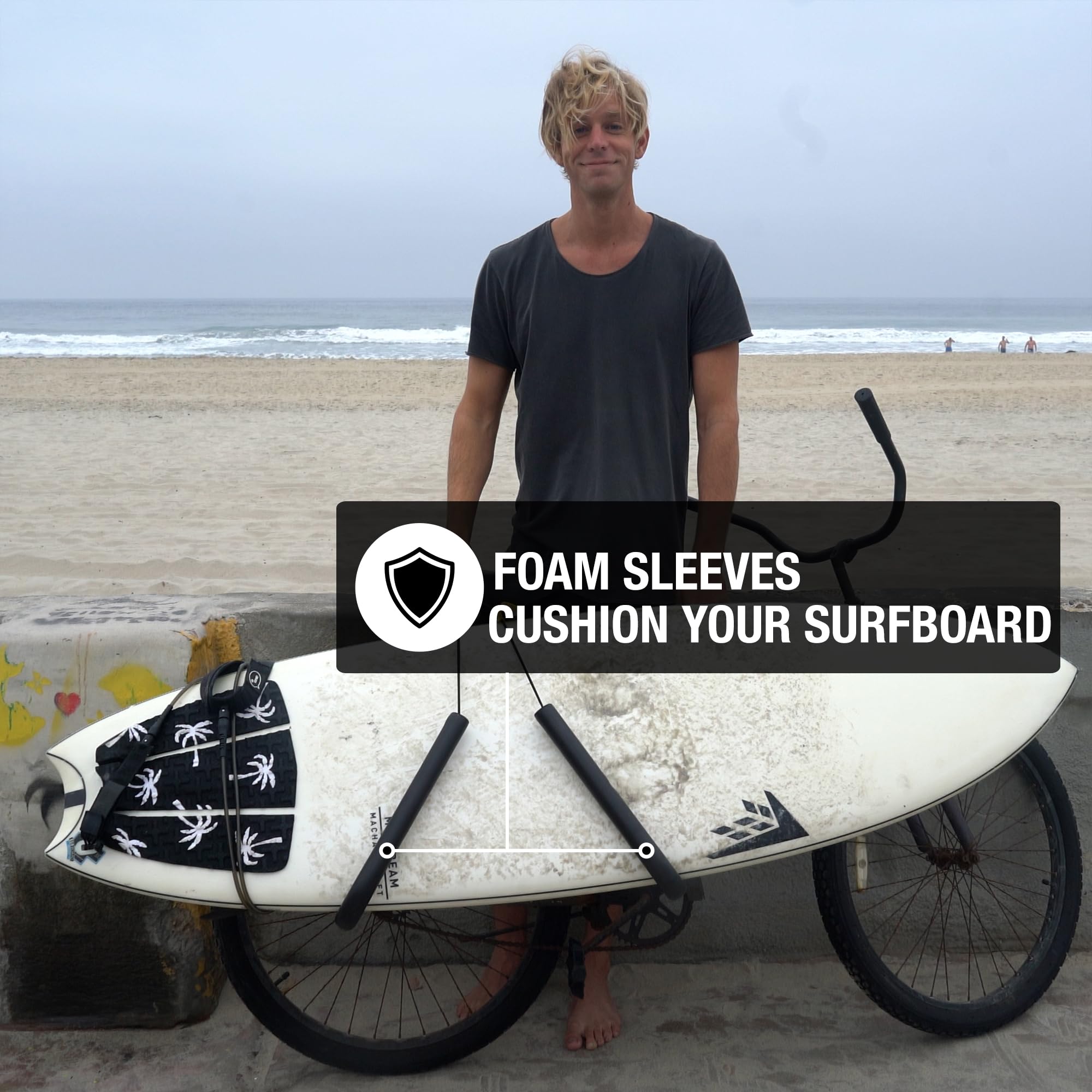 Ho Stevie! rack with surfboard next to bike for size comparison showing fit for boards up to 8 ft benefit