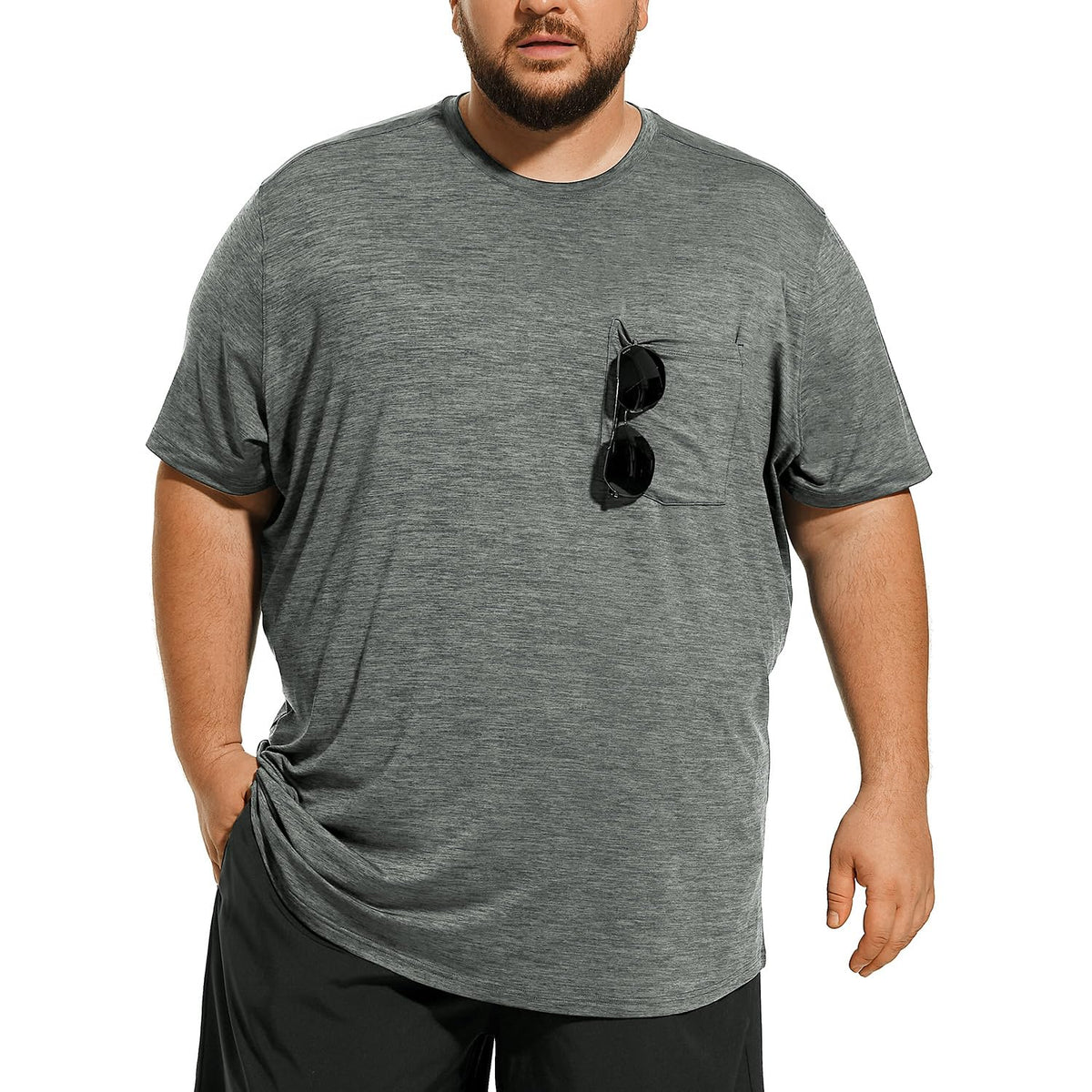 HOdo front view of big and tall hemp grey swim shirt, roomy fit for comfort