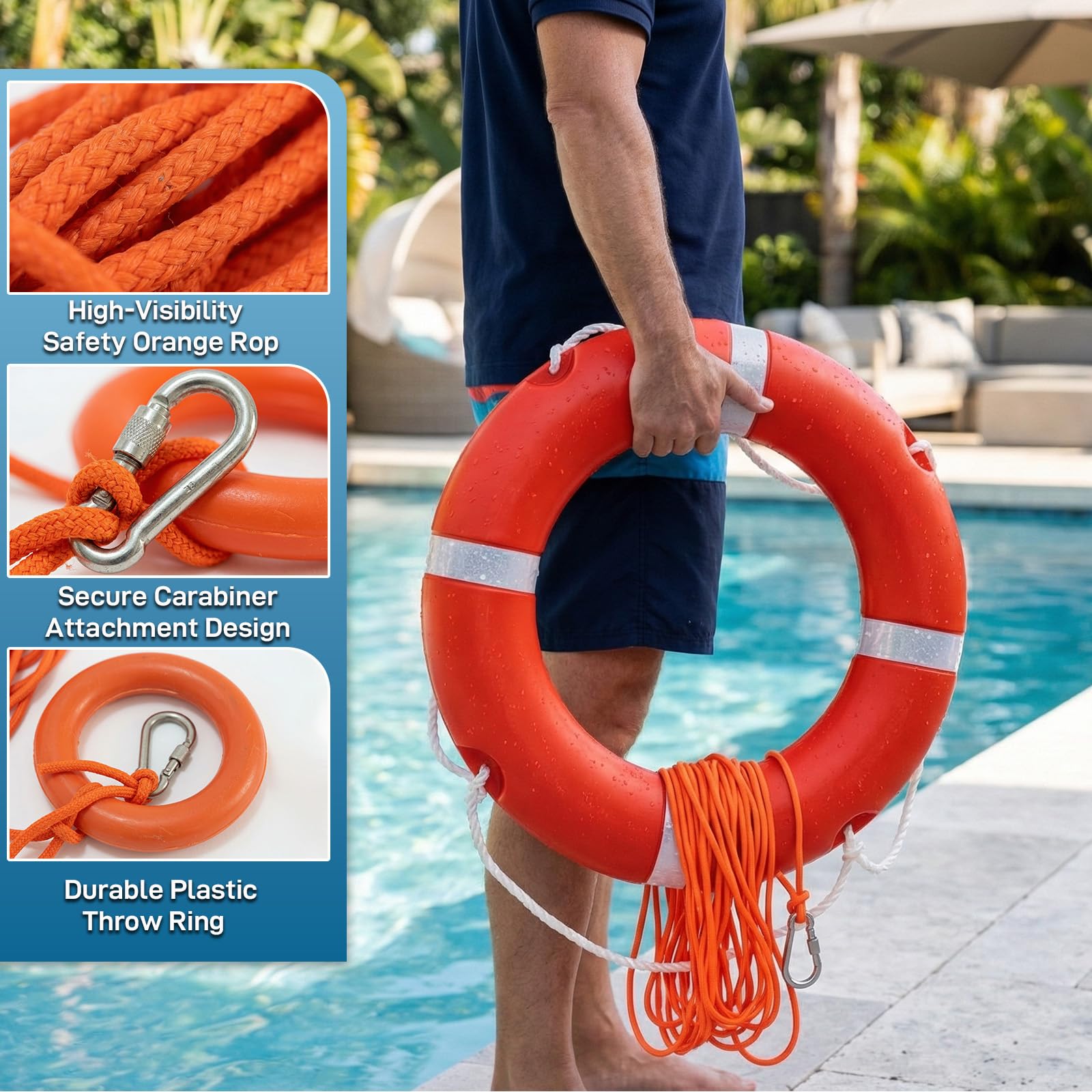 HOENCRAFT lifering being thrown across pool water showing quick rescue deployment