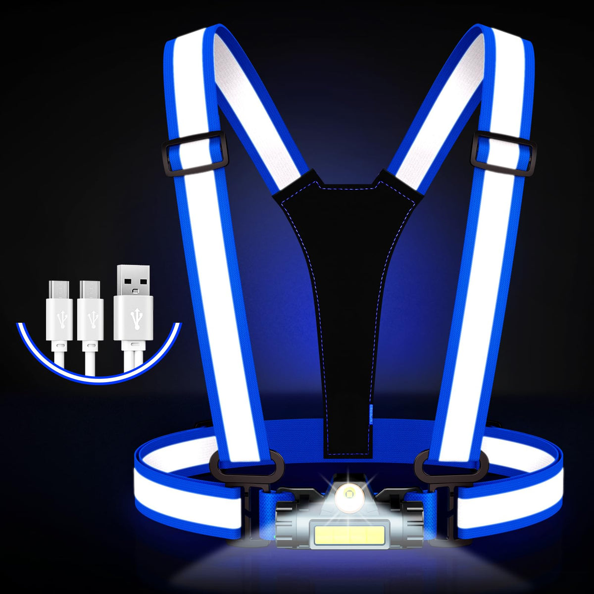 Hoeraonr front view of blue vest showing chest light and reflective panels for better safety