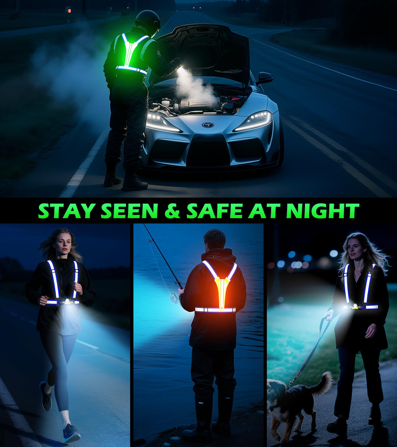Hoeraonr lifestyle shot of evening pedestrian wearing vest for safer night walking