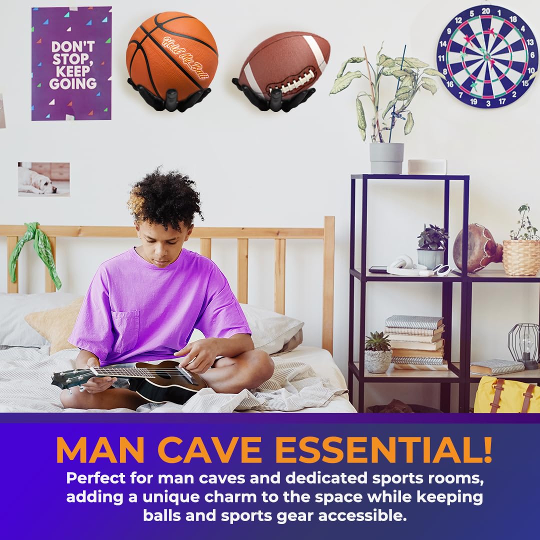 Hold My Ball in use on wall with basketball held securely for organized storage