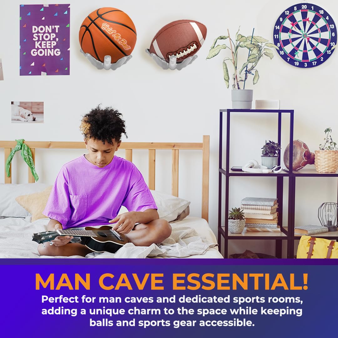 Hold My Ball holding a basketball in use showing tidy storage and display benefit