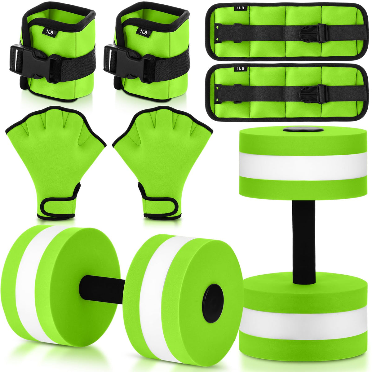 Hollowfly front layout showing all six aqua fitness pieces and kit organization