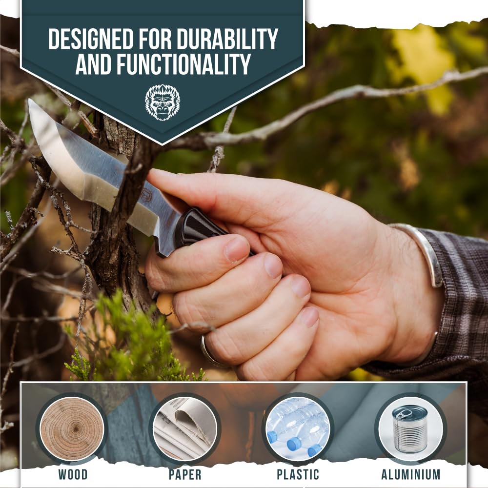 Holtzman's Gorilla Survival blade closeup highlighting D2 steel edge for long-lasting sharpness