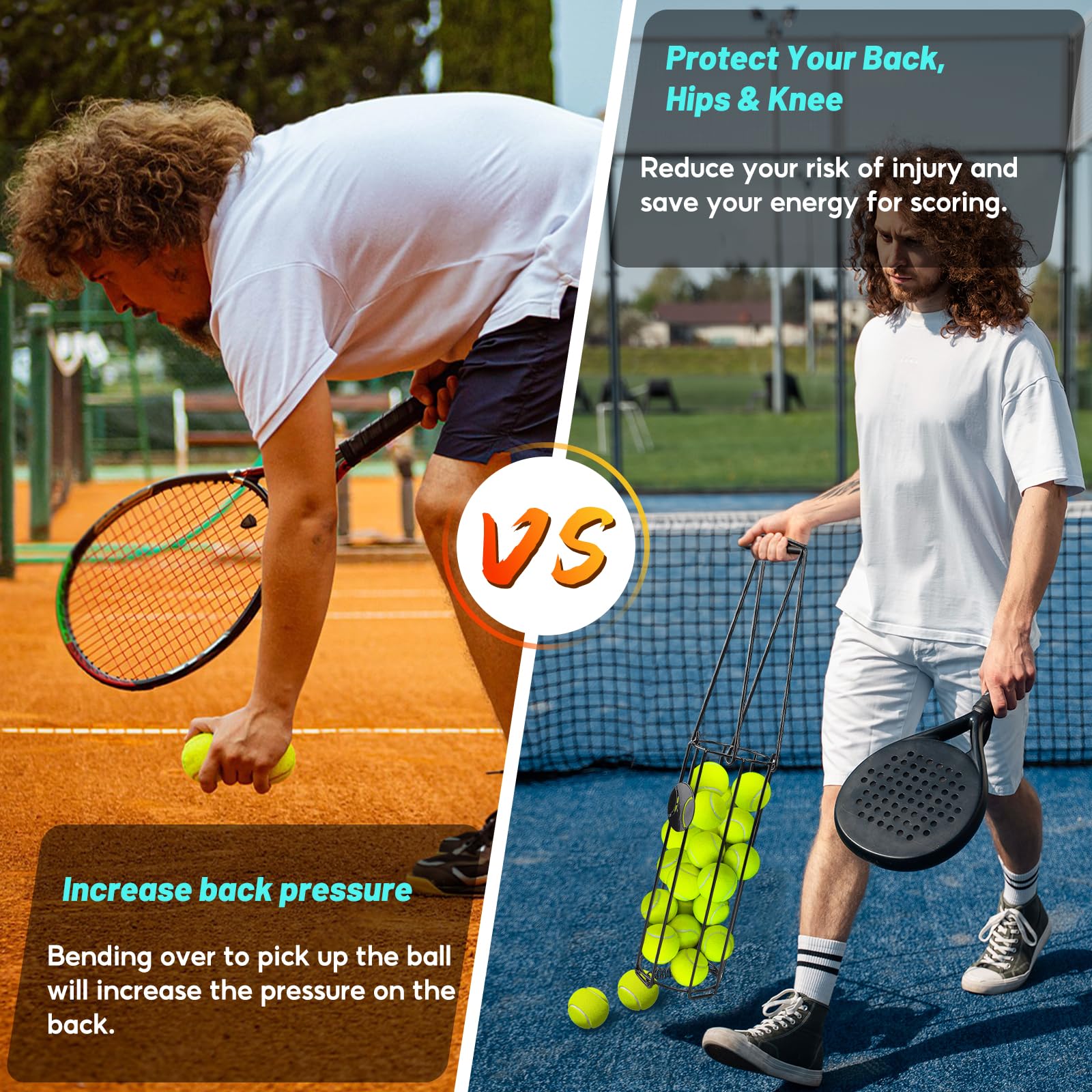 HolyMaji in use on court showing hands-free upright ball collection benefits