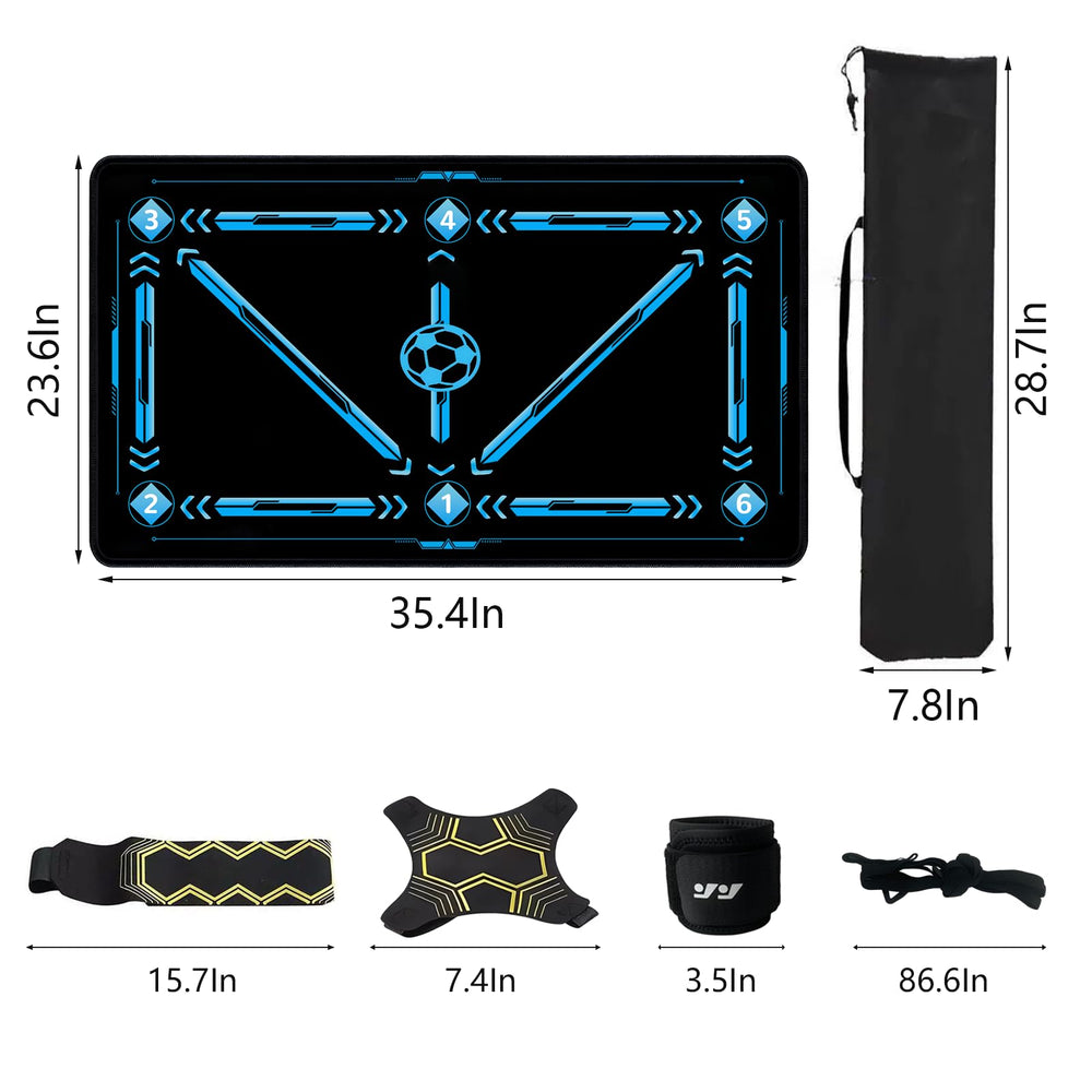 Hombees mat beside soccer ball for scale showing compact 35 x 24 inch training footprint