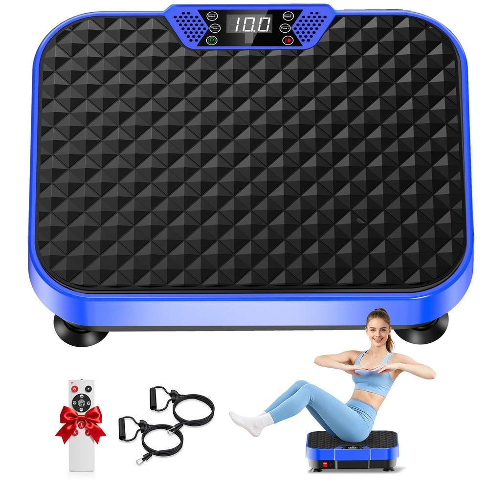 HomePoweron front view of blue vibration plate showing stable platform and benefits