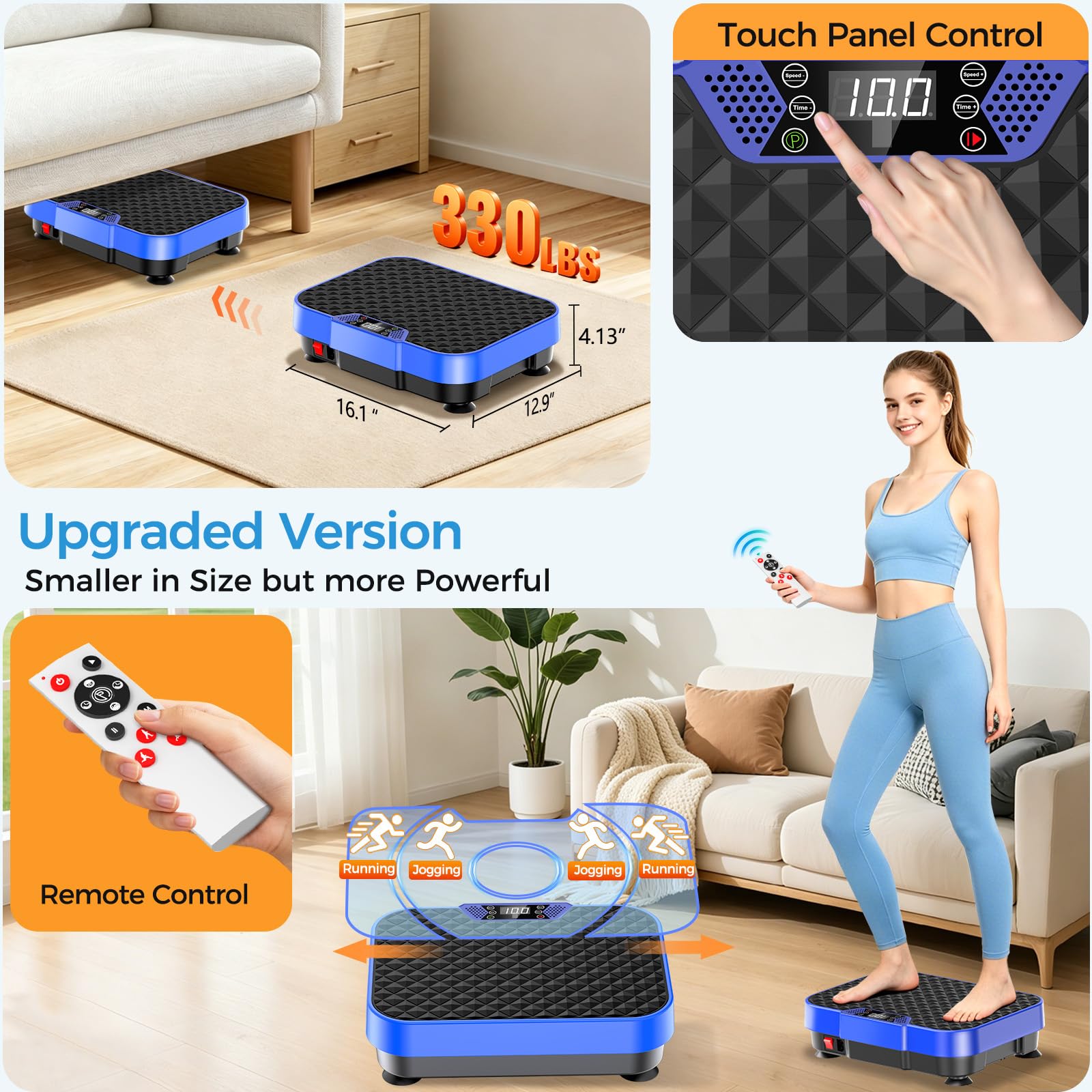 HomePoweron plate next to dumbbell illustrating compact size and portability