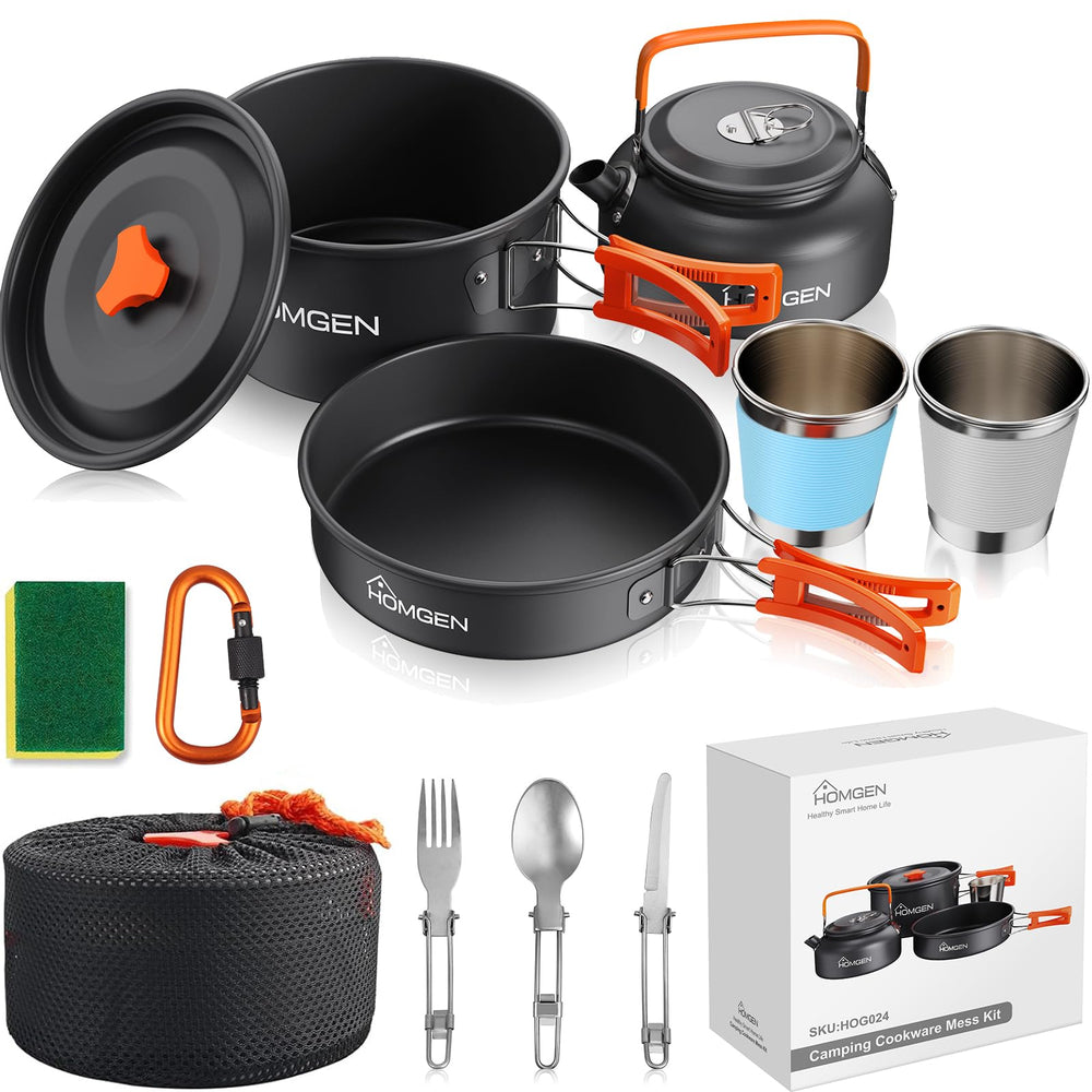 HOMGEN front view of packed cookware set showing compact carry bag and contents for portability