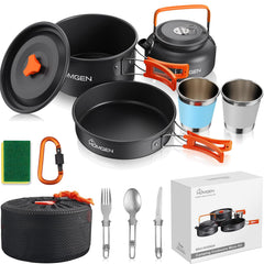 HOMGEN front view of packed cookware set showing compact carry bag and contents for portability