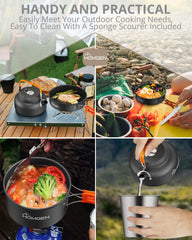 HOMGEN pan and pot on a camp stove demonstrating even heating and cooking performance