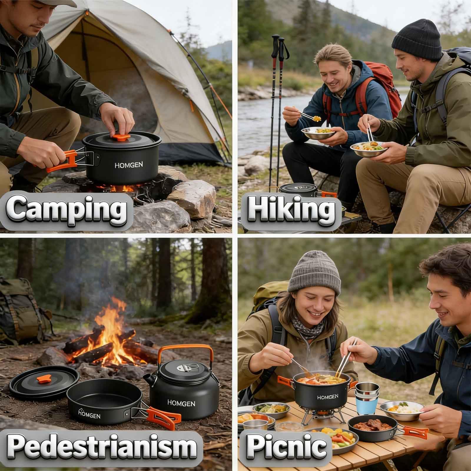HOMGEN picnic scene with cookware in use demonstrating convenience for outdoor meals