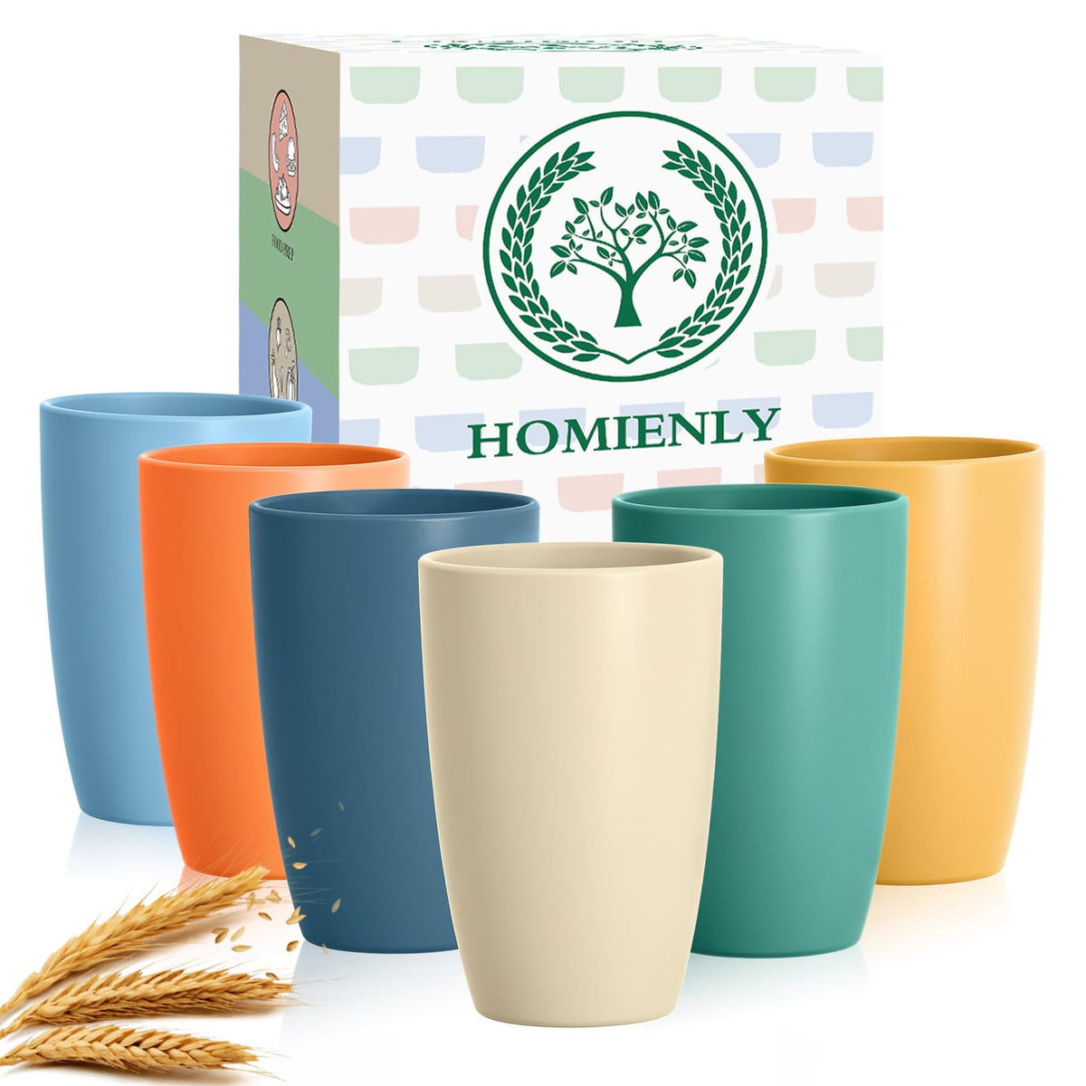 Homienly front packaging of 6-pack showing colorful wheat straw cups for durable drinkware