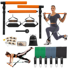 Hommie pilates bar front view showing full kit for compact workouts