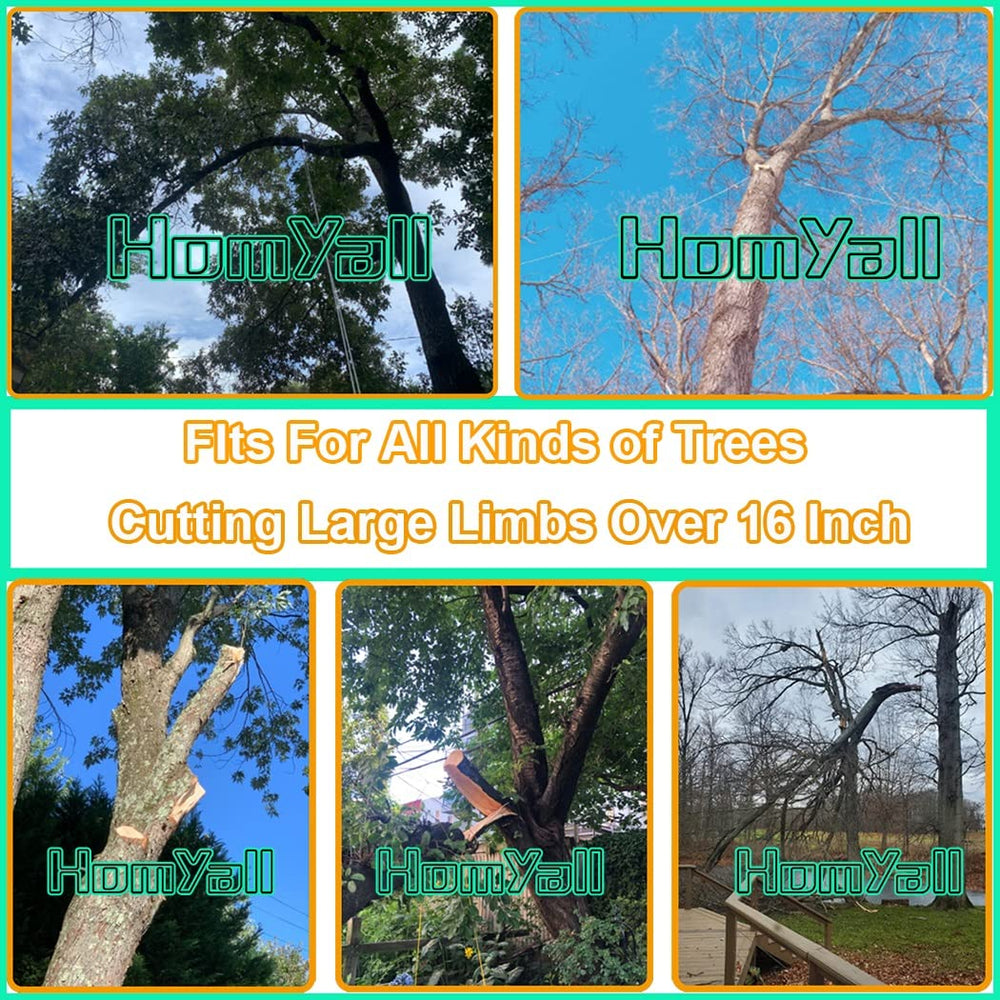 Homyall chain installed over a high branch showing safe ground-based pruning