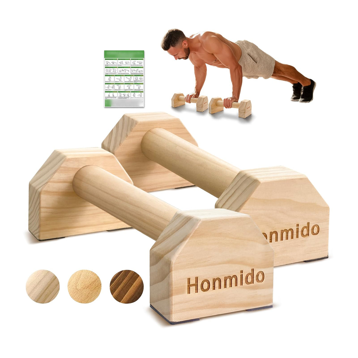 Honmido front view pine parallettes showing stable grip and clearance