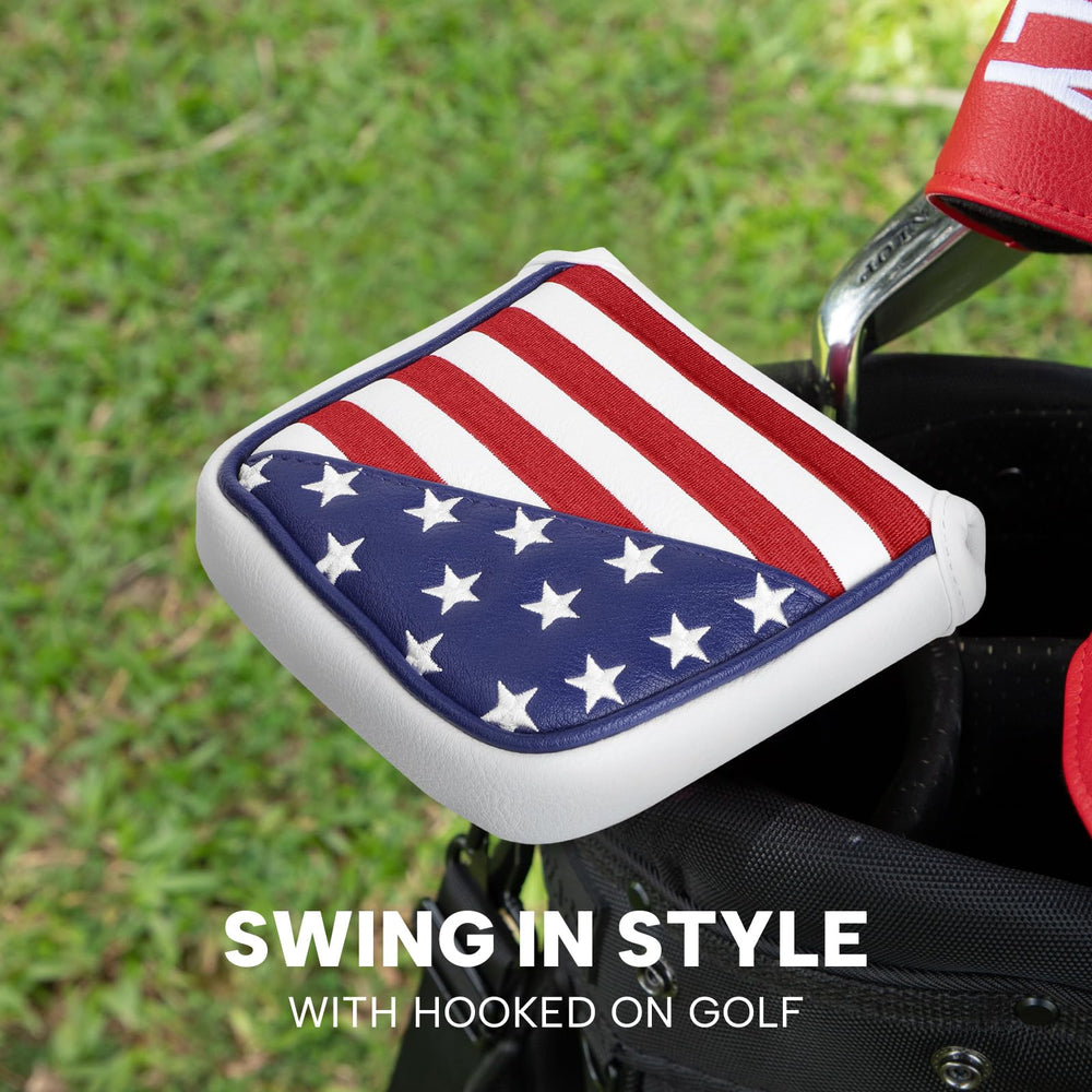 HOOKED ON GOLF close-up of embroidered US flag on PU leather with premium look