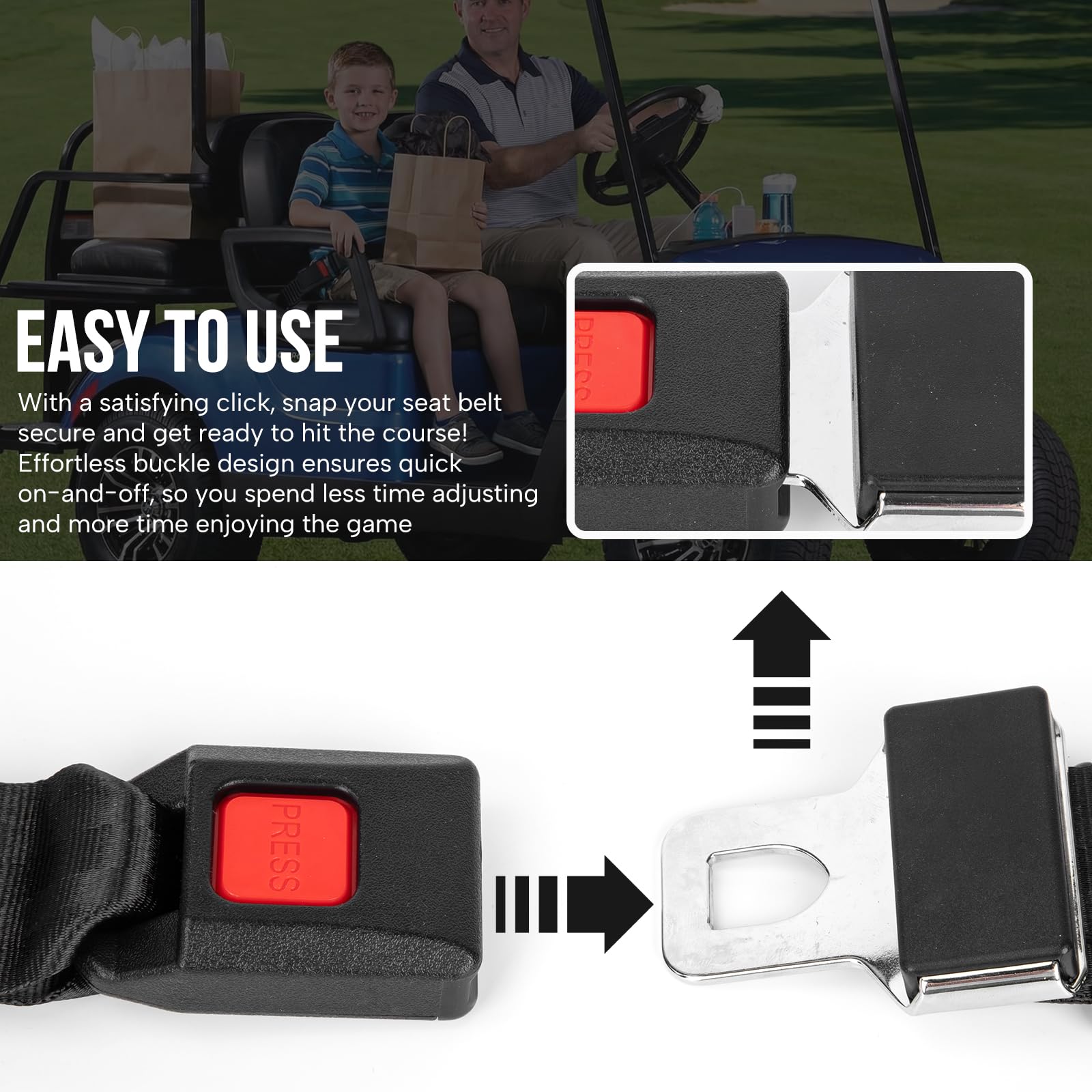 HOOKED ON GOLF belt installed on EZGO front seat providing passenger restraint