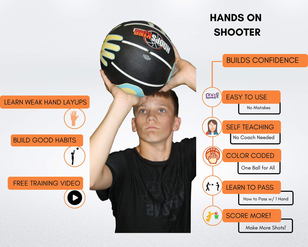 HOOPSKING three-size comparison showing junior, intermediate, regulation sizes for progression