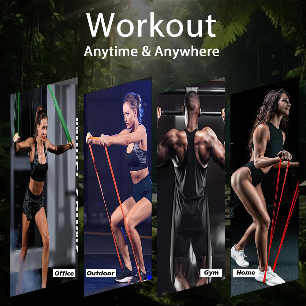 HOOTO bands arranged in a home gym to showcase versatile workouts