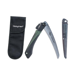 Hooyman collapsed saw beside nylon sheath illustrating compact packable convenience