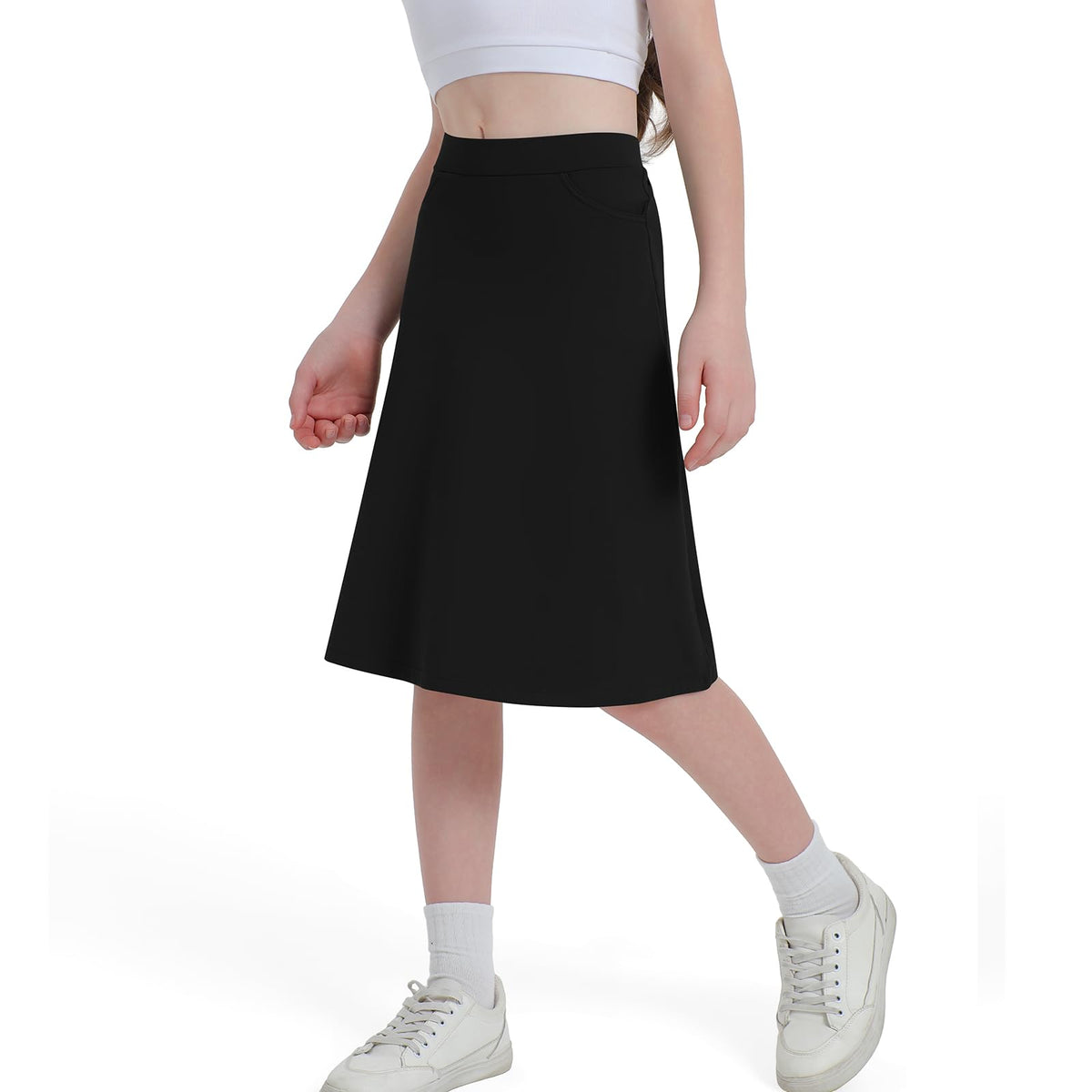 Hopdotte front view of black midi skort showing clean silhouette and fit