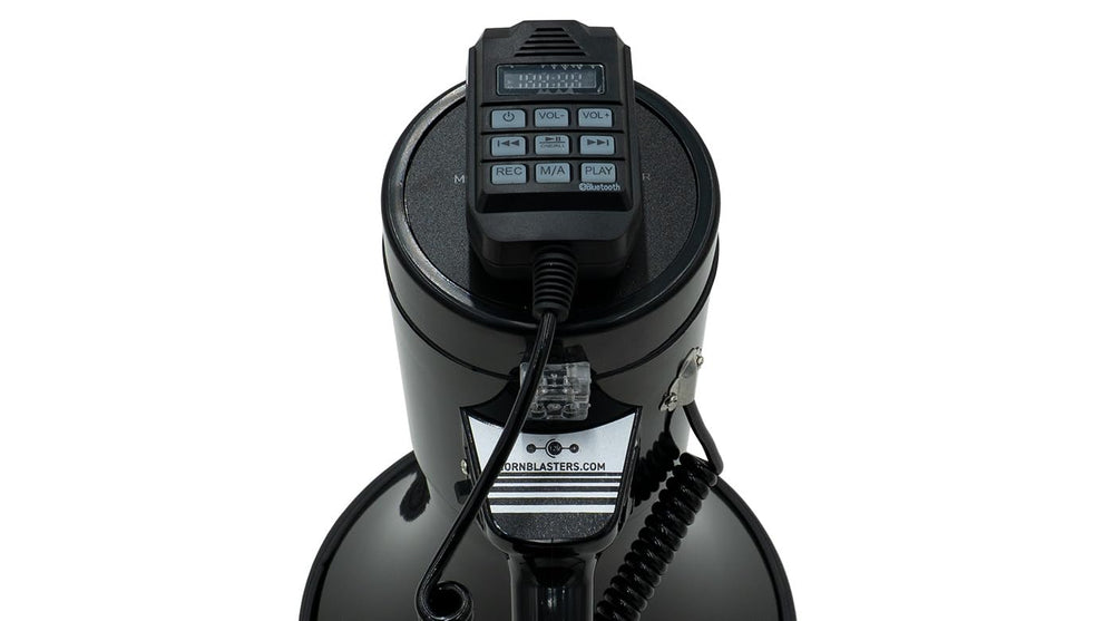 HornBlasters battery and USB port detail showing rechargeable power and connectivity