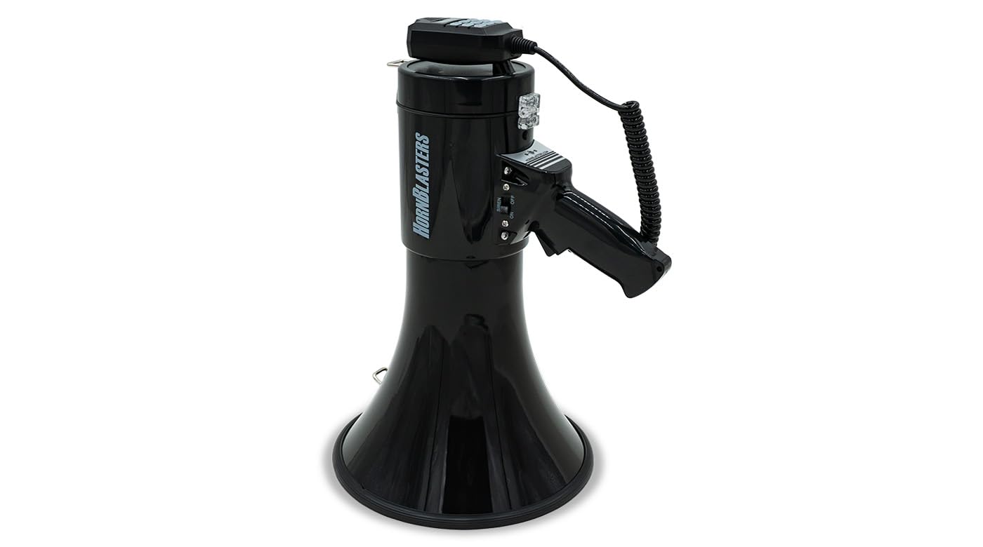 HornBlasters megaphone with shoulder strap beside hand for scale and portability