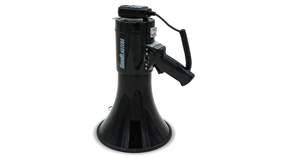 HornBlasters megaphone with shoulder strap beside hand for scale and portability