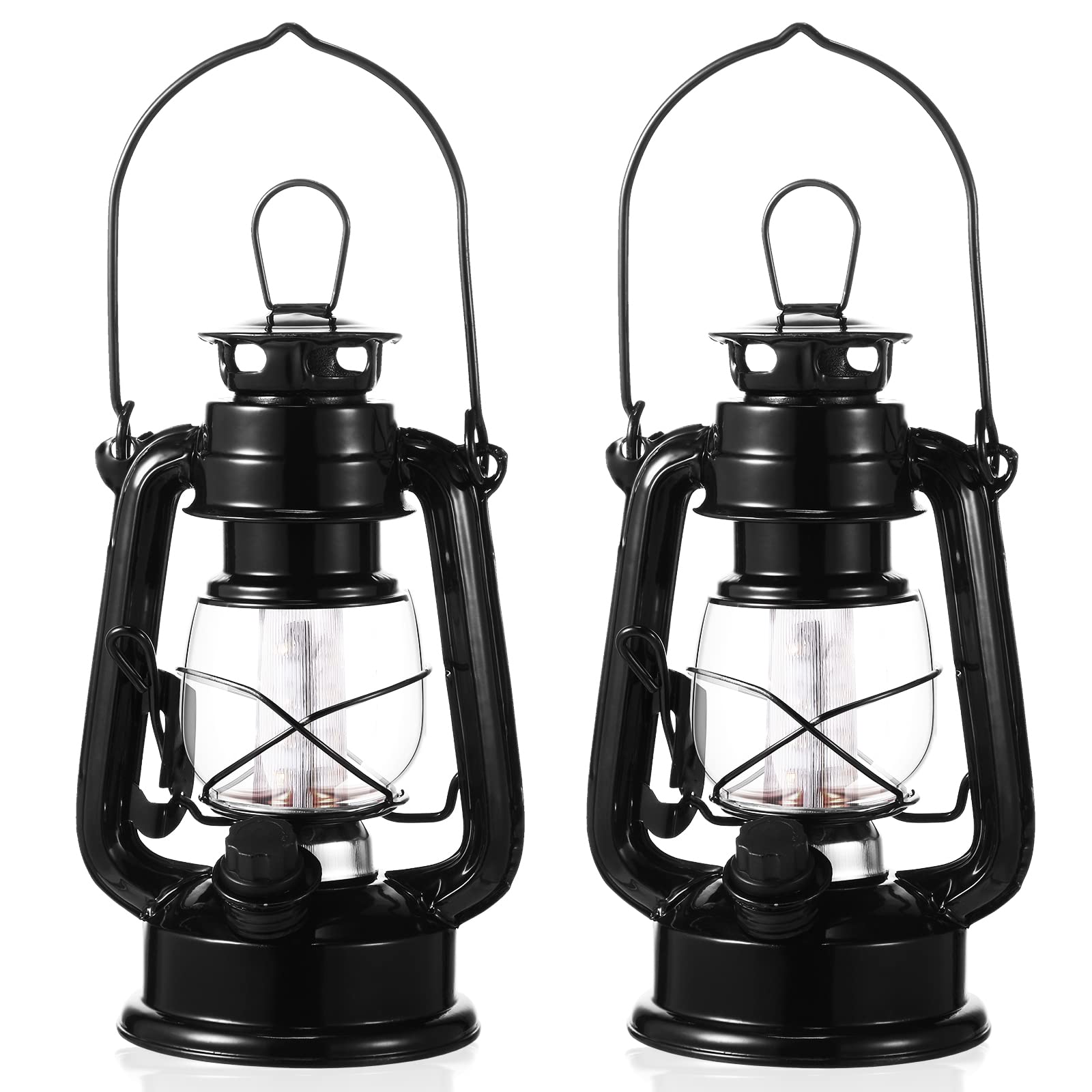 Hortsun front view of two black lanterns showing vintage silhouette and warm glow