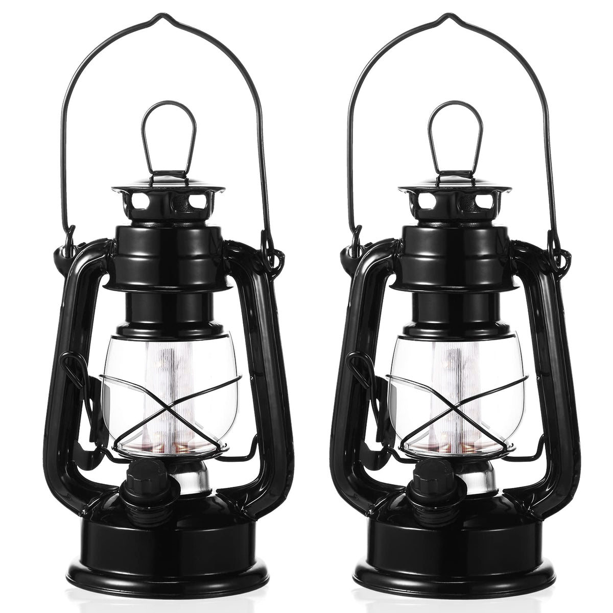 Hortsun front view of two black lanterns showing vintage silhouette and warm glow