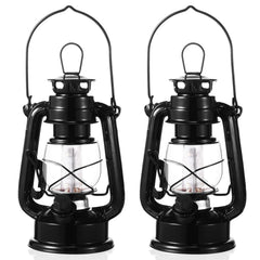 Hortsun front view of two black lanterns showing vintage silhouette and warm glow
