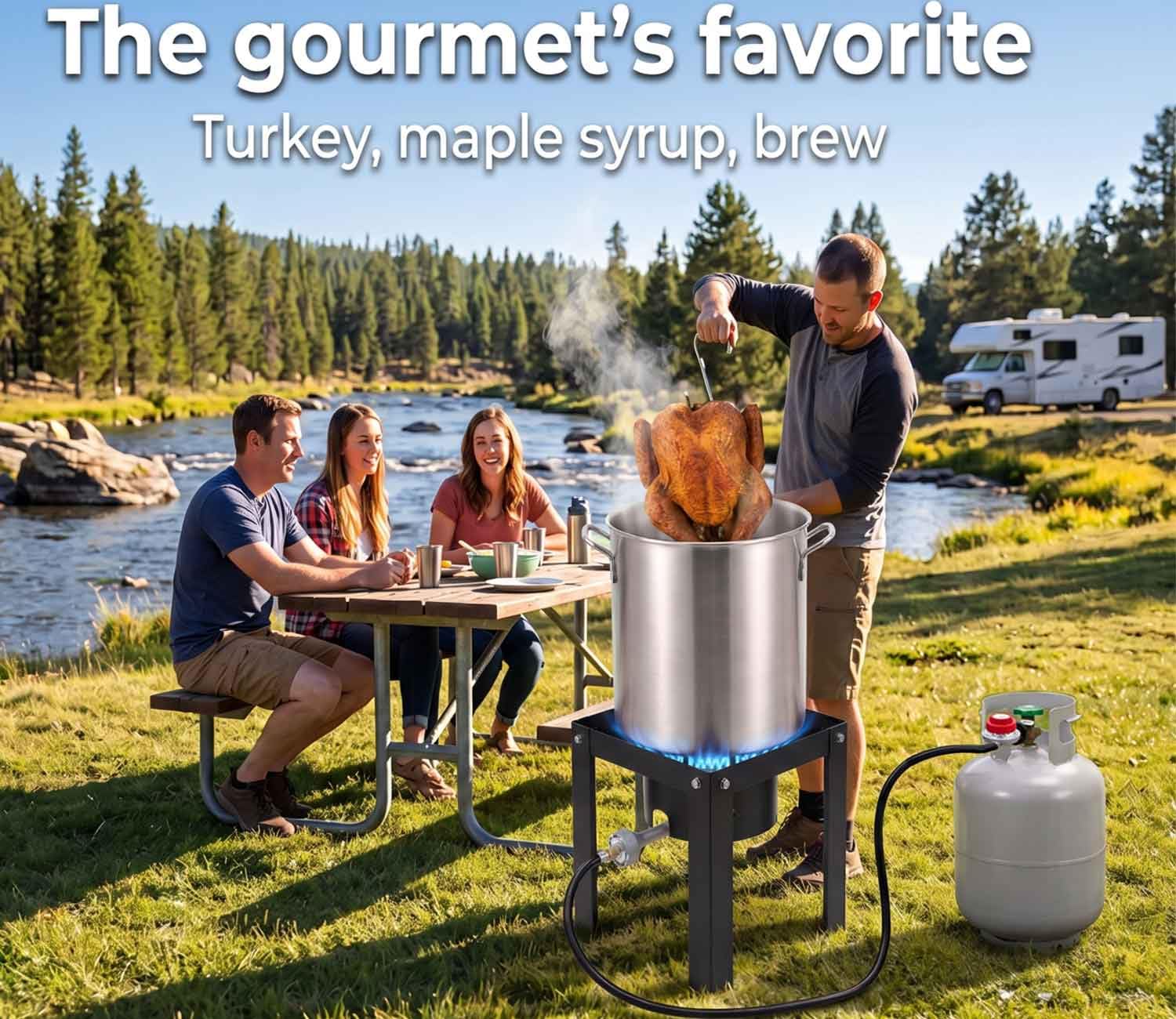 Horynar burner in backyard setup with grill gear, demonstrating portable outdoor cooking benefit