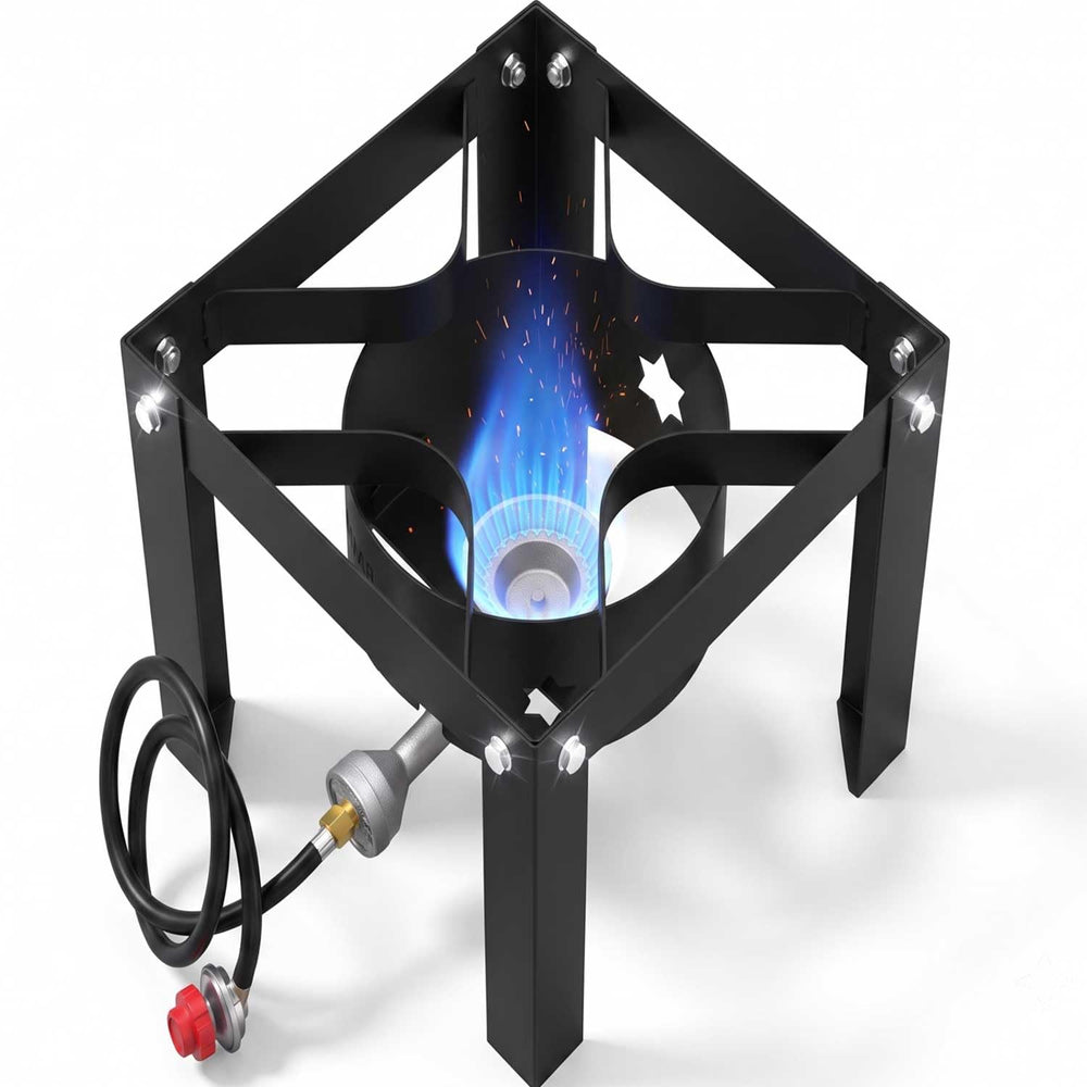 Horynar front view of propane burner showing compact sturdy frame and easy setup benefit