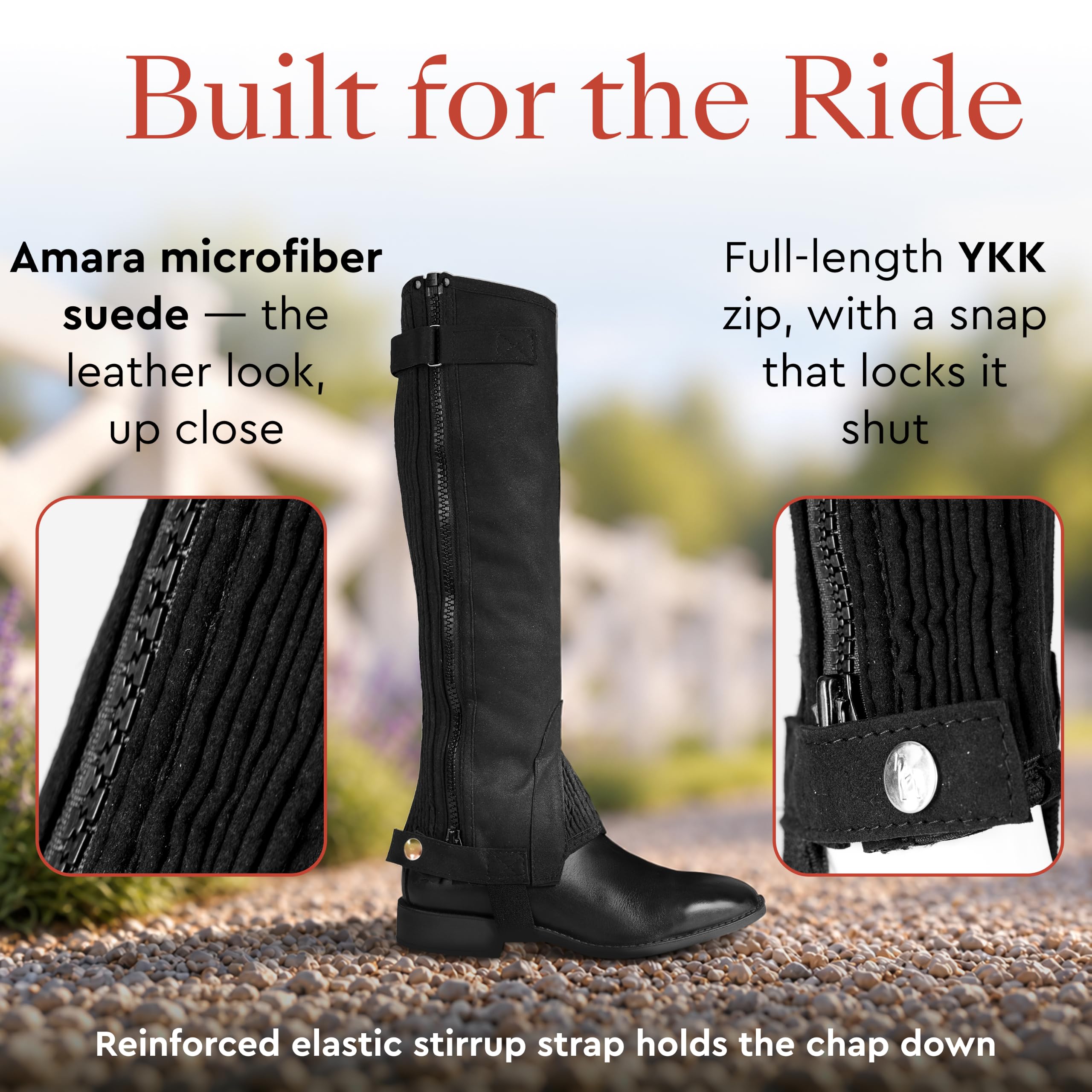 HORZE child wearing chaps in lesson for confident riding support