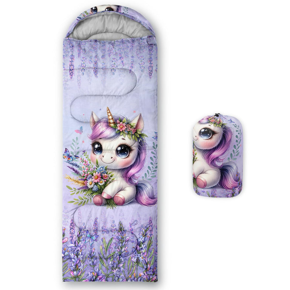 HOSIMA front view of unicorn sleeping bag showing full printed design and colors for playful appeal