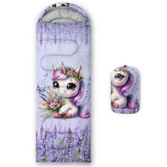 HOSIMA front view of unicorn sleeping bag showing full printed design and colors for playful appeal