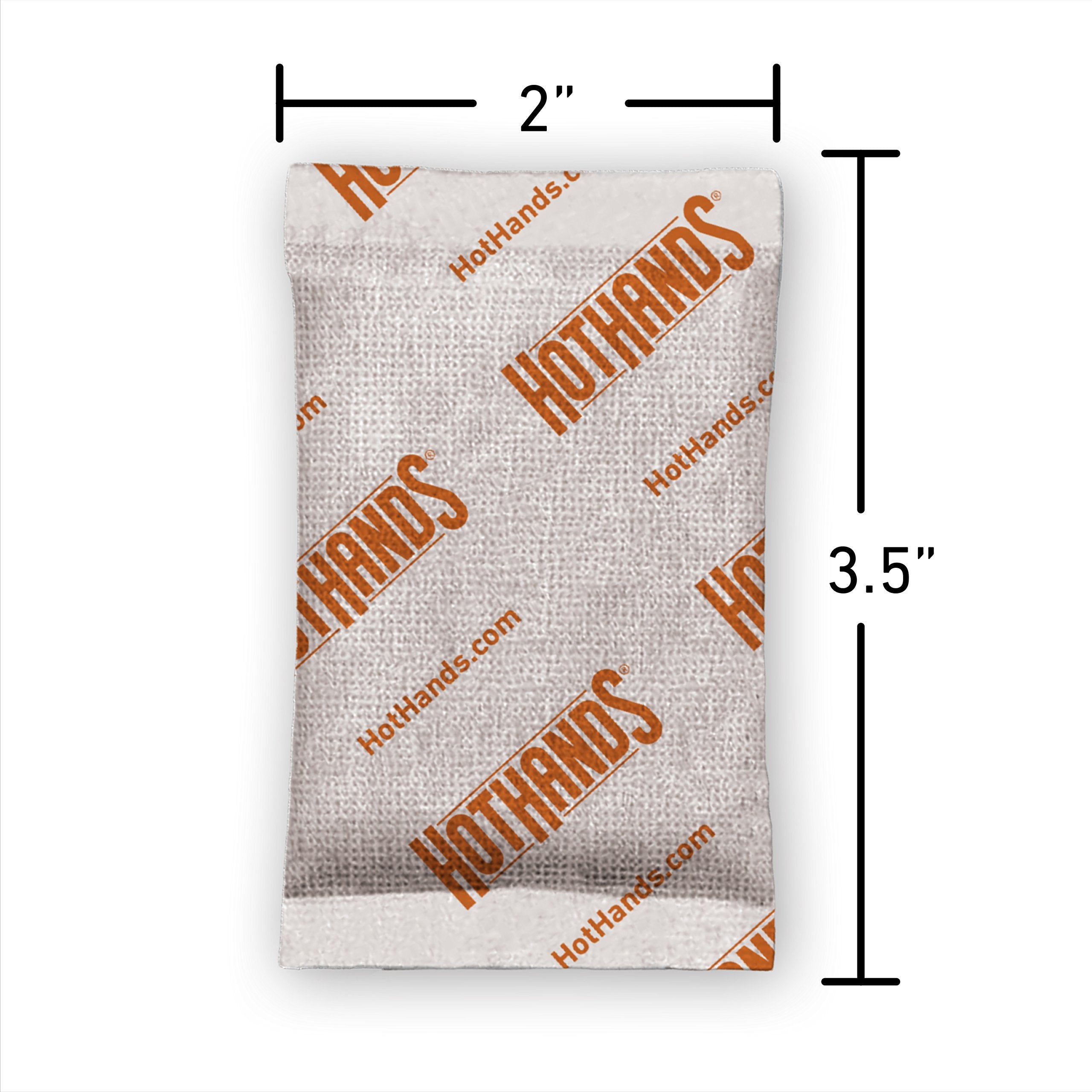 HotHands size comparison with hand illustrating compact, portable heat packets