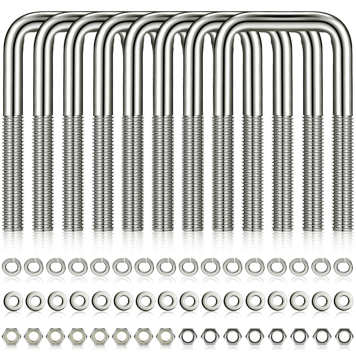 Hotop front view of eight square U-bolts showing complete kit and corrosion resistance