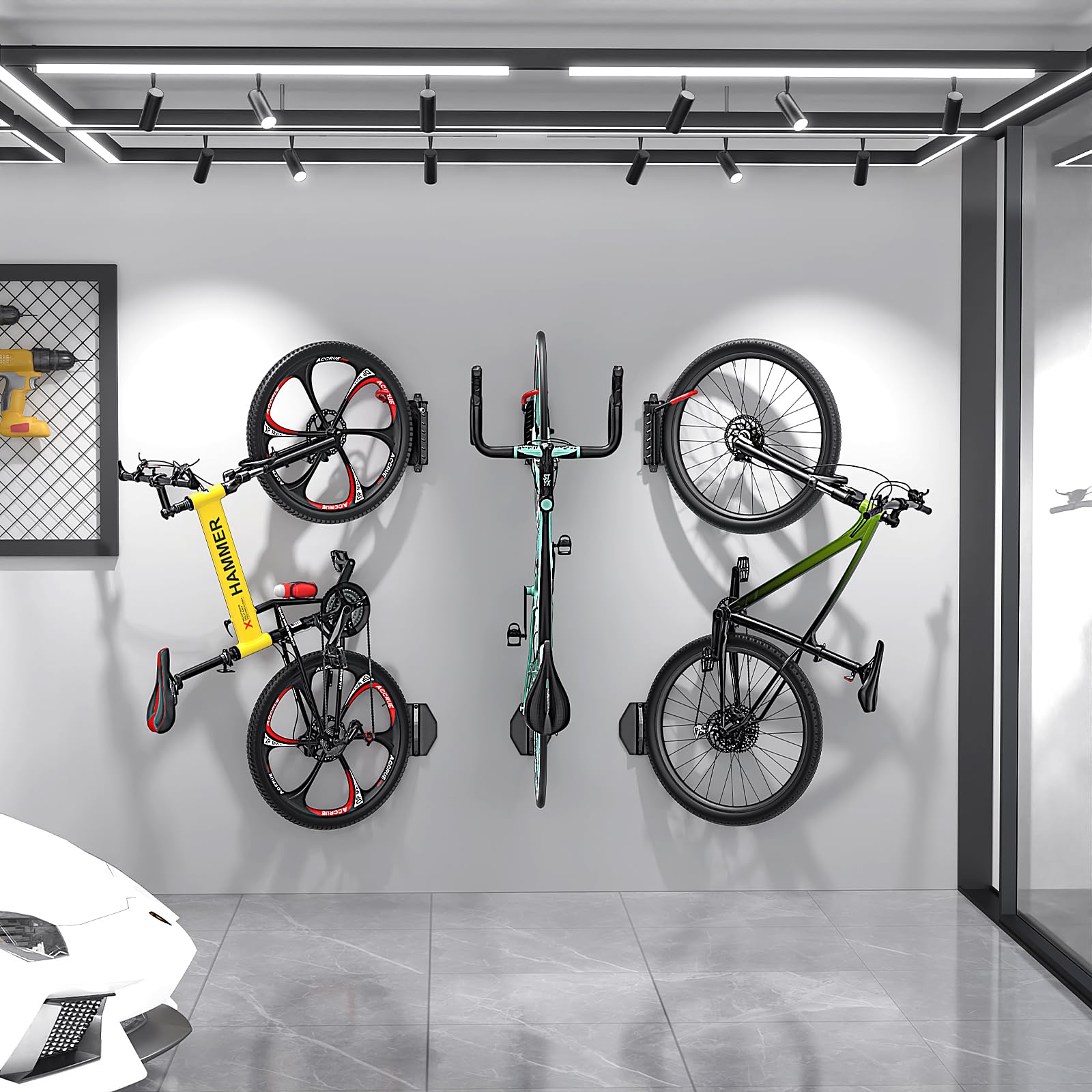 Housolution garage lifestyle scene with multiple bikes saving floor space