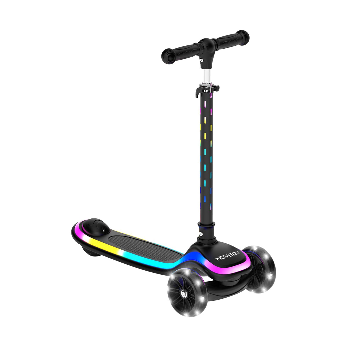 Hover-1 Chroma front profile showing bright multicolor wheel lights and stable deck benefit
